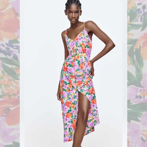 Zara NWT Linen Blend Floral Print Midi Dress - Picture 2 of 11